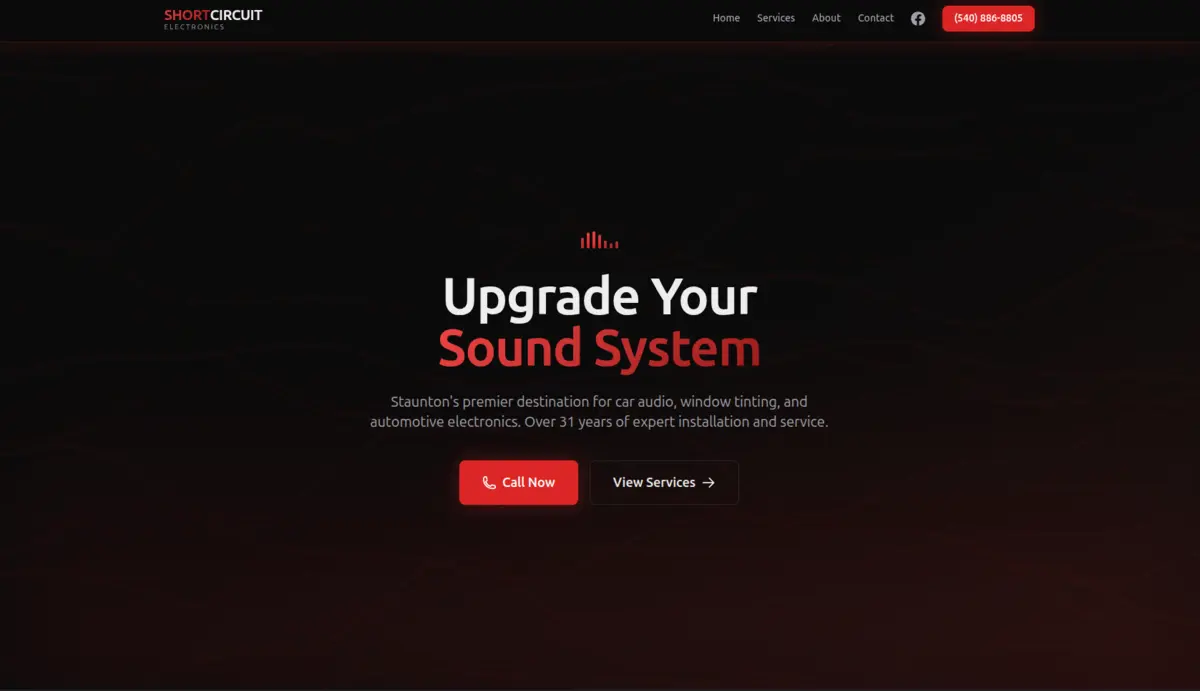 Screenshot of Short Circuit Electronics - Bold, dark-themed site for a 30-year car audio and...